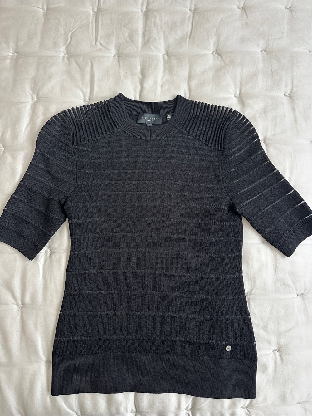 Ted Baker Black Ribbed-Shoulder Short-Sleeve Knit